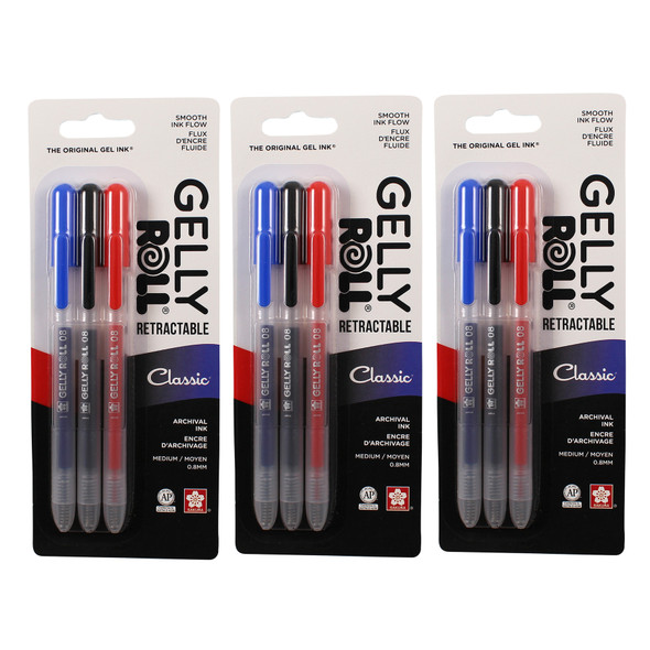Retractable Classic Gel Pens, 08 Medium Point, Assorted Colors, 3 Per Set, 3 Sets