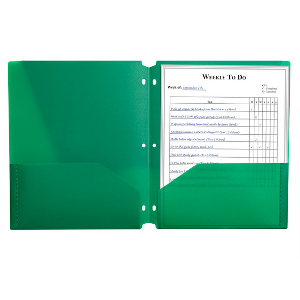 Two-Pocket Heavyweight Poly Portfolio Folder with Three-Hole Punch, Green, Pack of 25