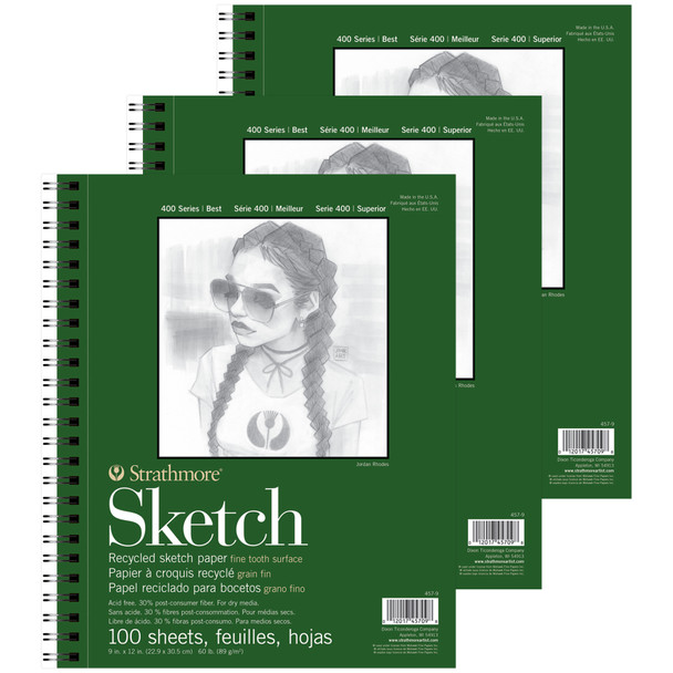 400 Series Sketch Pad, Recycled, Side Wire Binding, 100 Sheet, 9x12 inch, Pack of 3