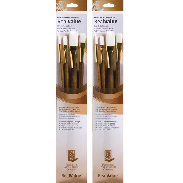 RealValue Brush Set, White Taklon Bristles, Long Handle Mixed Media Paintbrush, Brown, 4 Per Set, 2 Sets