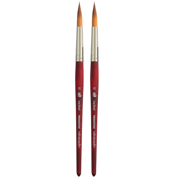Velvetouch Long Round Brush, Synthetic Bristles, Short Handle Mixed Media Paintbrush, Scarlet, Size 12, Pack of 2