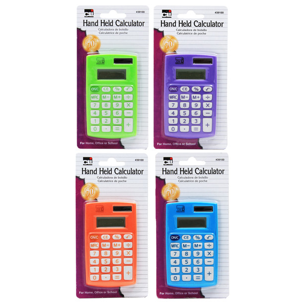 Calculator, Hand Held, 8 Digit, Assorted Colors, Pack of 12, Carded