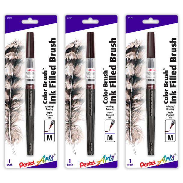 Color Brush with Water-Based Ink, Medium Tip, Sepia, Pack of 3