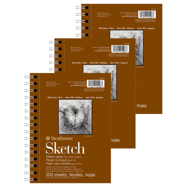 400 Series Sketch Pad, Side Wire Binding, 100 Sheet, 5.5x8.5 inch, Pack of 3