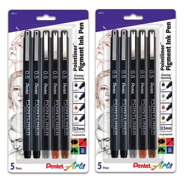 Pointliner Pen, 0.5mm Tip, Assorted Ink Colors, 5 Per Set, 2 Sets