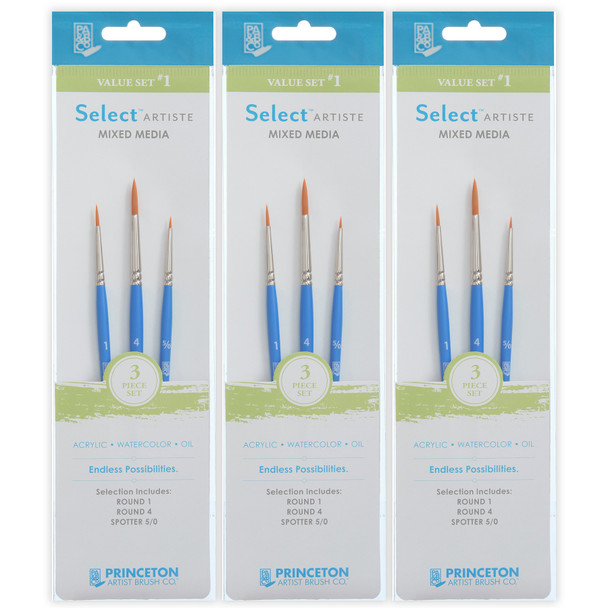 Select Artiste Brush Set No. 1, Synthetic Bristles, Short Handle Mixed Media Paintbrush, Jewel Blue, 3 Per Set, 3 Sets