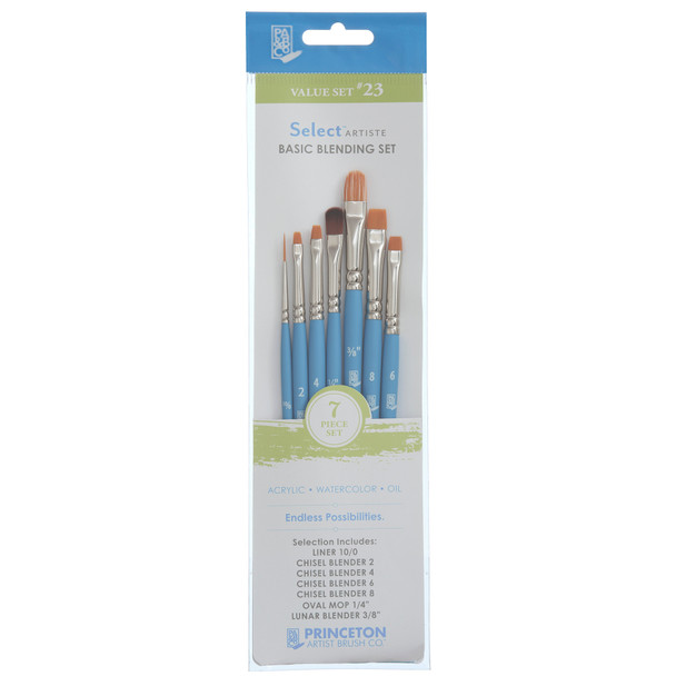 Select Artiste Brush Set No. 23, Synthetic Bristles, Short Handle Mixed Media Paintbrush, Jewel Blue, 7 Pieces
