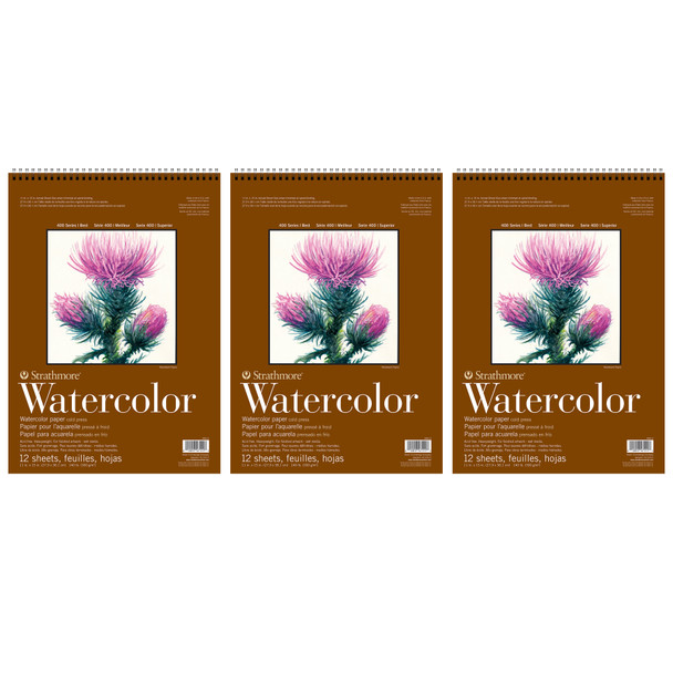 400 Series Watercolor Pad, Top Wire Binding, 12 Sheet, 11x15 inch, Pack of 3