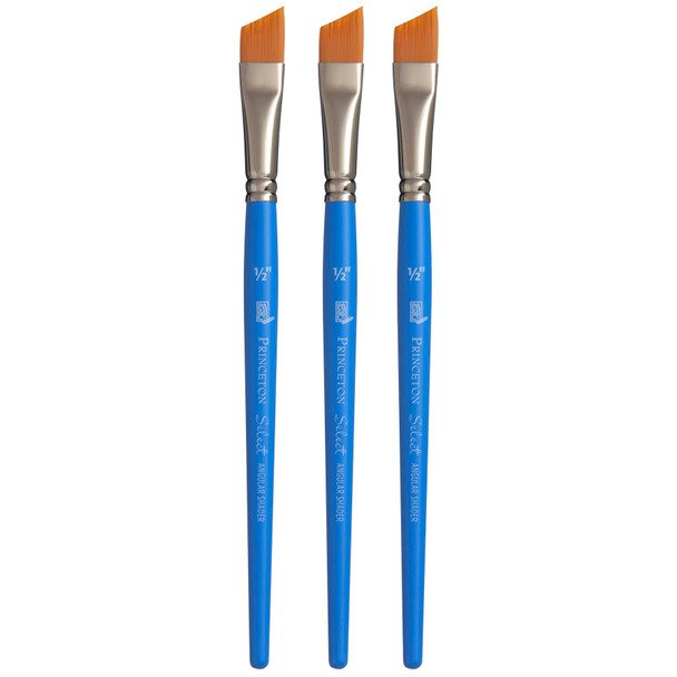Select Artiste Angle Shader Brush, Synthetic Bristles, Short Handle Mixed Media Paintbrush, Jewel Blue, Size 1/2 inch, Pack of 3