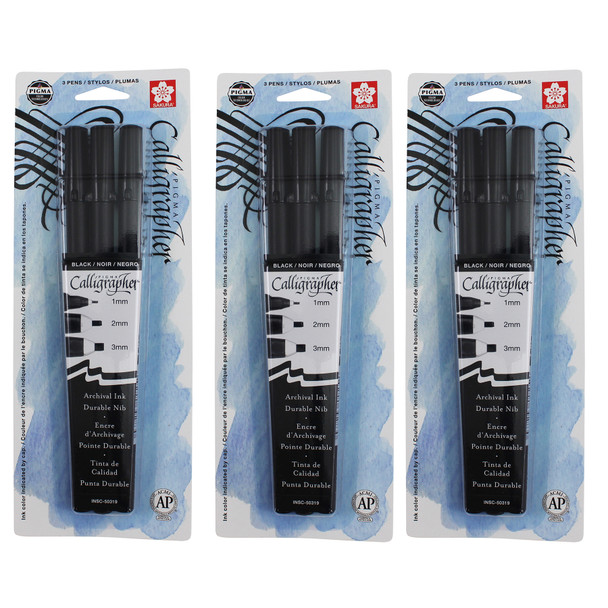 Pigma Calligrapher, Black, Assorted Sizes, 3 Per Set, 3 Sets