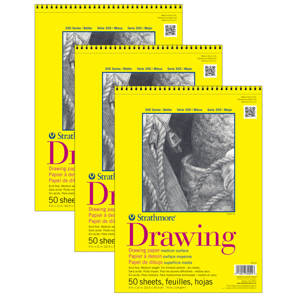 300 Series Drawing Pad, Top Wire Binding, 50 Sheet, 9x12 inch, Pack of 3