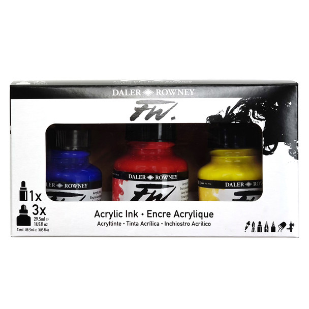 FW Acrylic Ink Primary Set with Empty Marker, Assorted Colors, 29.5ml, 3 Pieces