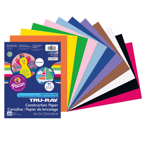 Construction Paper Smart-Stack, Heavyweight, 11 Classic Colors, 9" x 12", 240 Sheets