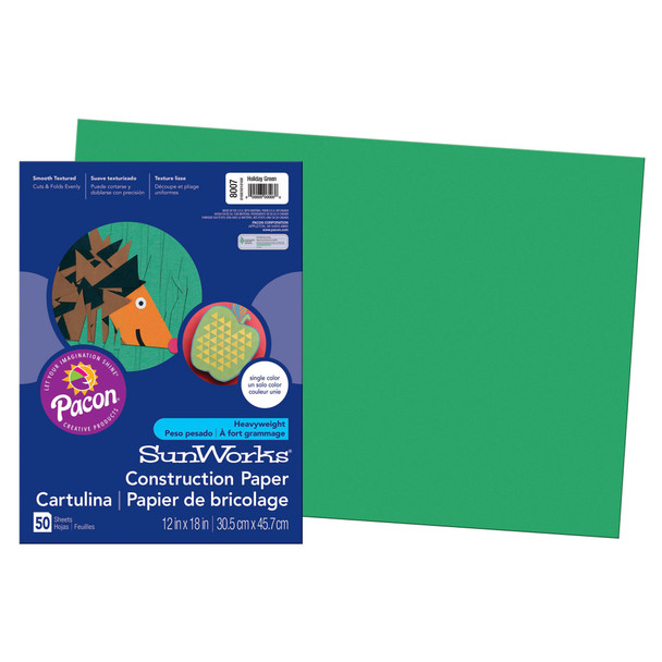 Construction Paper, Medium Weight, Holiday Green, 12" x 18", 50 Sheets Per Pack, 5 Packs