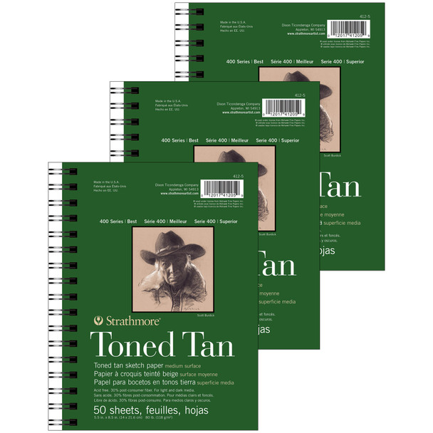 400 Series Sketch Pad, Recycled, Toned Tan, Side Wire Binding, 50 Sheet, 5.5x8.5 inch, Pack of 3