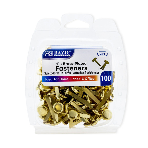 Brass-Plated Fasteners, 1", 100 Per Pack, 12 Packs Brass-Plated Fasteners, 1", 100 Per Pack, 12 Packs