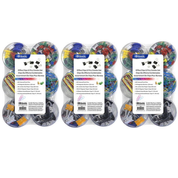 Push Pin, Paper Clip, Binder Clip, Magnetic Button Combo Set, 269 Pieces Per Set, 3 Sets