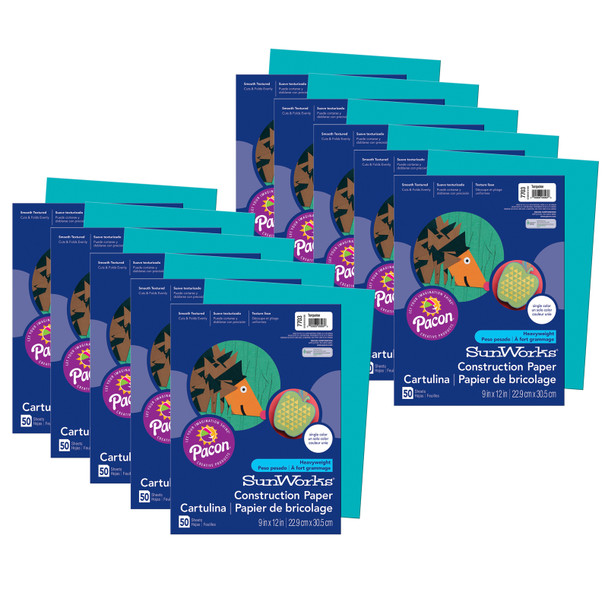Construction Paper, Medium Weight, Turquoise, 9" x 12", 50 Sheets Per Pack, 10 Packs