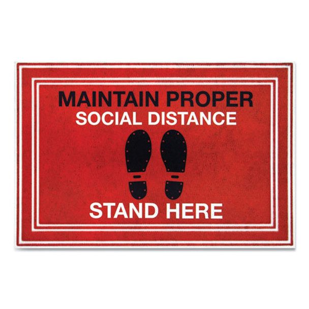 Message Floor Mats, 24 x 36, Red/Black, "Maintain Social Distance Stand Here"