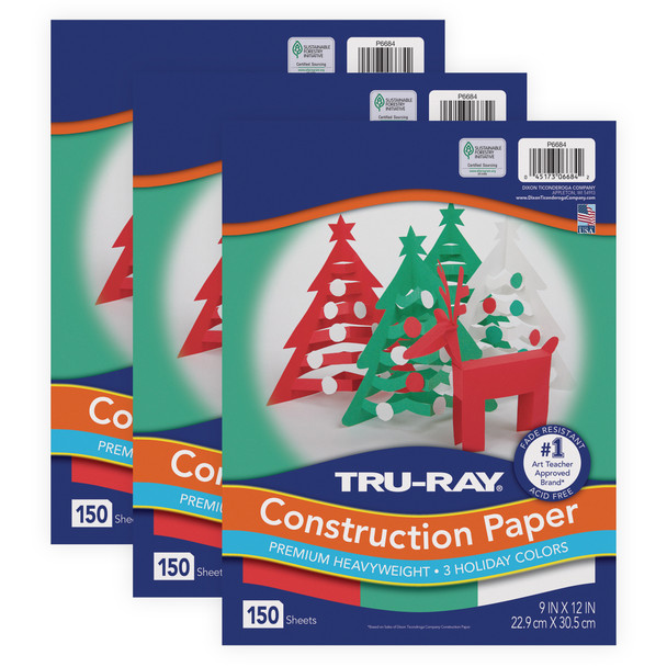 Construction Paper, Heavyweight, Holiday Assortment, 9" x 12", 150 Sheets Per Pack, 3 Packs