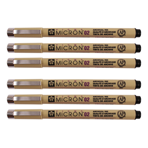 Pigma Micron Pen, Black, 0.30mm Size 02, Pack of 6