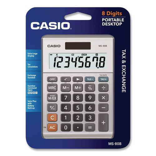 MS80B 8-Digit Battery and Solar Basic Calculator, LCD, Silver