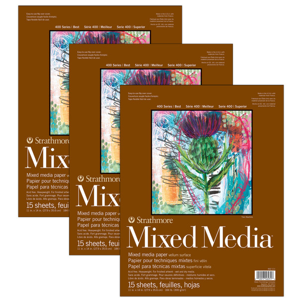 400 Series Mixed Media Pad, Glue Binding, 15 Sheet, 11x14 inch, Pack of 3