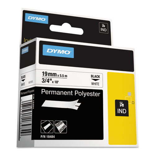 Rhino Permanent Poly Industrial Label Tape, 0.75" x 18 ft, White/Black Print