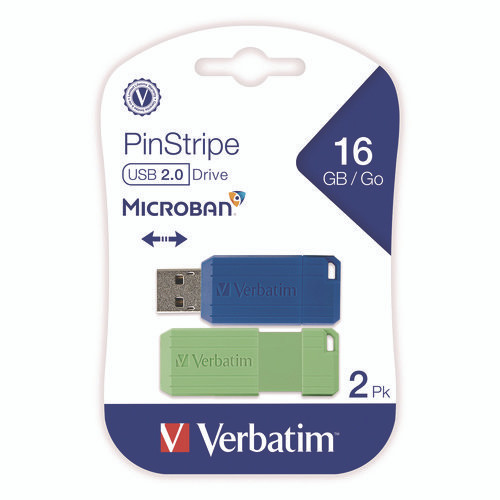PinStripe USB 2.0 Flash Drive, 16 GB, Blue/Green, 2/Pack