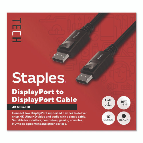 4K DisplayPort to DisplayPort Audio/Video Cable, 6 ft, Black, 10/Pack