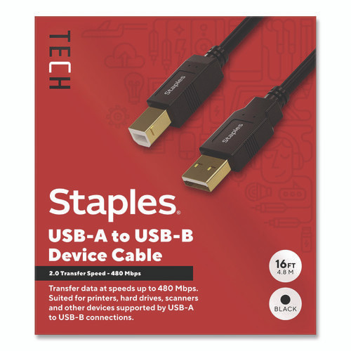 USB-A to USB-B 2.0 Cable, 16 ft, Black