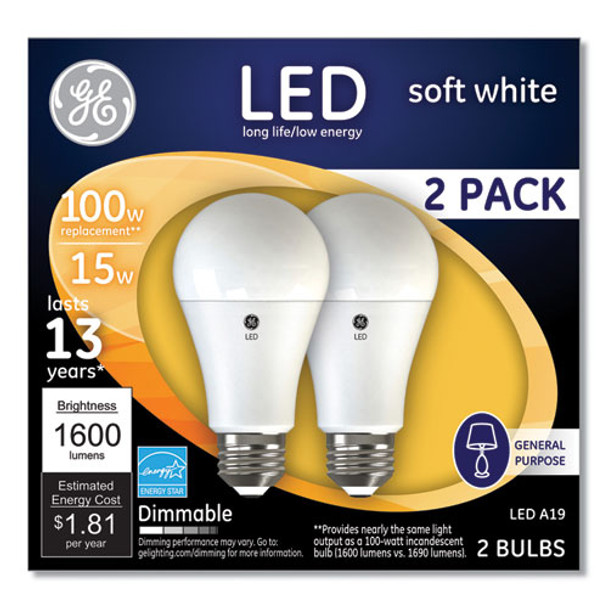 100W LED Bulbs, A19, 15 W, Soft White, 2/Pack