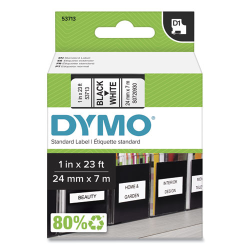 D1 High-Performance Polyester Removable Label Tape, 1" x 23 ft, Black on White