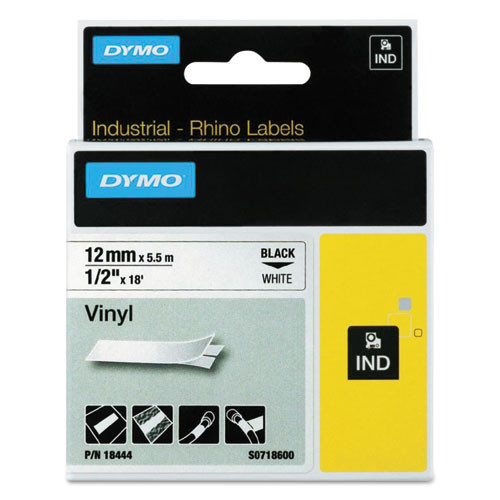 Rhino Permanent Vinyl Industrial Label Tape, 0.5" x 18 ft, White/Black Print