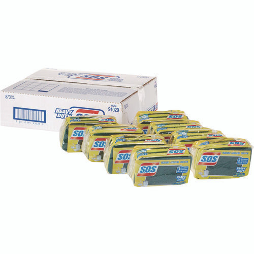 Heavy Duty Scrubber Sponge, 2.5 x 4.5, 0.9" Thick, Yellow/Green, 3/Pack, 8 Packs/Carton