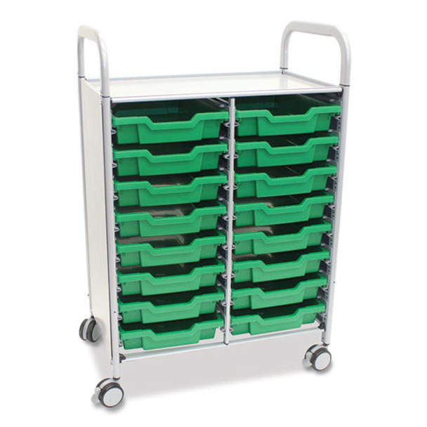 Callero Plus Double Column Trolley Set 05, Metal, 1 Shelf, 16 F1 Shallow Bins, 27.4" x 17.3" x 41.5", Silver/Grass Green