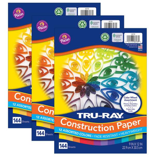 Construction Paper, Heavyweight, Color Wheel Assortment, 12 Vibrant Colors, 9" x 12", 144 Sheets Per Pack, 3 Packs