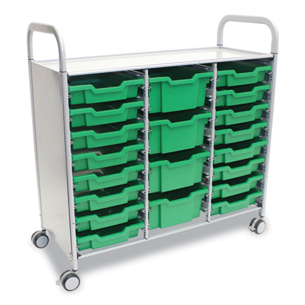 Callero Plus Treble Column Trolley Set 17, Metal, 1 Shelf, 16 F1 Bins, 4 F2 Bins, 40.6" x 17.3" x 41.5", Silver/Grass Green