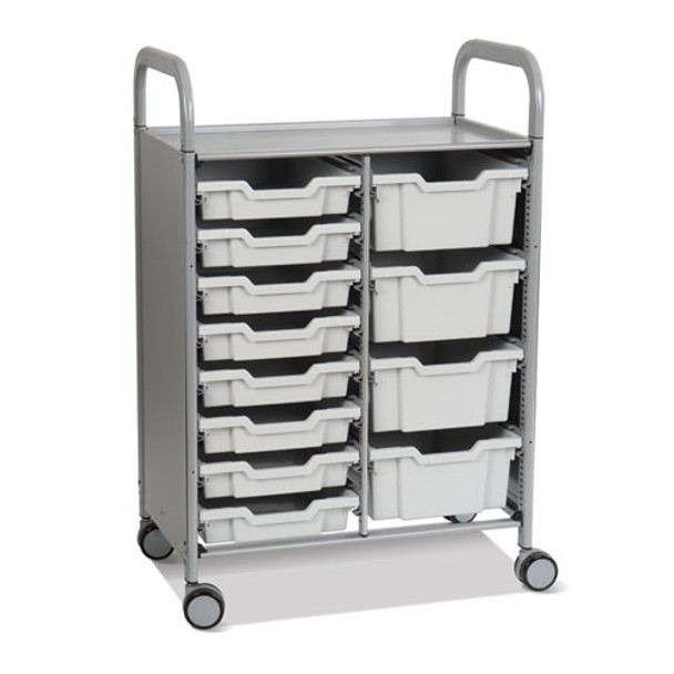 Callero Plus Double Column Trolley Set 18, Metal, 1 Shelf, 8 F1 Bins, 4 F2 Bins, 27.4" x 17.3" x 41.5", Silver/Light Gray