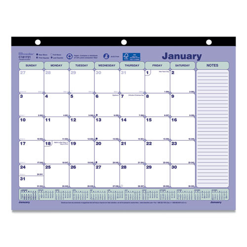 Monthly Desk Pad Calendar, 3-Hole Punched, 11 x 8.5, White/Blue/Green Sheets, Black Binding, 12-Month (Jan to Dec): 2025