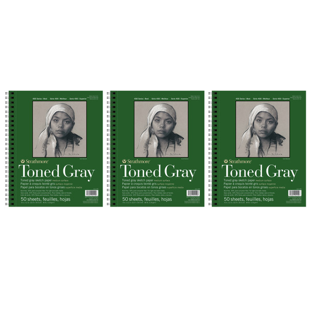 400 Series Sketch Pad, Recycled, Toned Gray, Side Wire Binding, 50 Sheet, 9x12 inch, Pack of 3