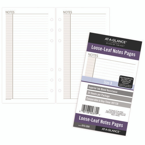 Lined Notes Pages for Planners/Organizers, 6.75 x 3.75, White Sheets, Undated, 30 Sheets