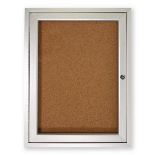 1 Door Enclosed Natural Cork Bulletin Board with Satin Frame, 36" x 36", Tan Surface, Satin Aluminum Frame