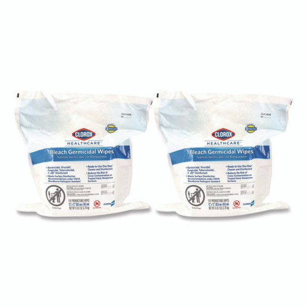 Bleach Germicidal Wipes, 1-Ply, 12 x 12, Unscented, White, 110/Refill, 2 Refills/Carton Bleach Germicidal Wipes, 1-Ply, 12 x 12, Unscented, White, 110/Refill, 2 Refills/Carton
