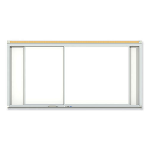 Horizontal Sliding Porcelain Magnetic Whiteboard, 96" x 48", White Surface, Anodized Aluminum Frame