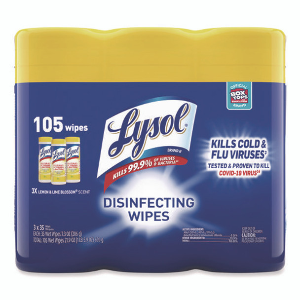 Disinfecting Wipes, 1-Ply, 7 x 7.25, Lemon and Lime Blossom, White, 35 Wipes/Canister, 3 Canisters/Pack, 4 Packs/Carton Disinfecting Wipes, 1-Ply, 7 x 7.25, Lemon and Lime Blossom, White, 35 Wipes/Canister, 3 Canisters/Pack, 4 Packs/Carton