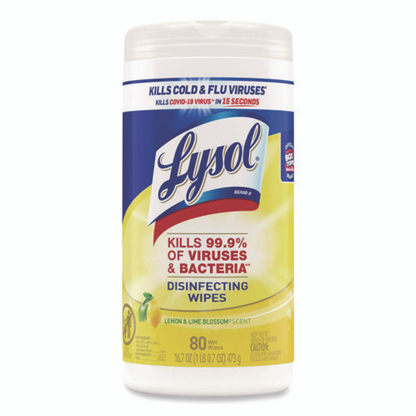 Disinfecting Wipes, 1-Ply, 7 x 7.25, Lemon and Lime Blossom, White, 80 Wipes/Canister