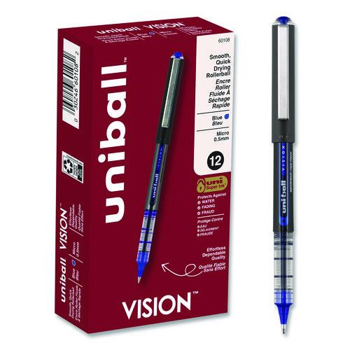 VISION Rollerball Pen, Stick, Extra-Fine 0.5 mm, Blue Ink, Gray/Blue/Clear Barrel, Dozen