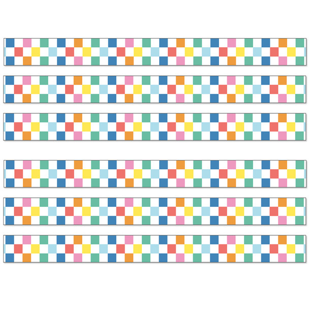 We Stick Together Checkered Rainbow Straight Bulletin Board Borders, 36 Feet Per Pack, 6 Packs