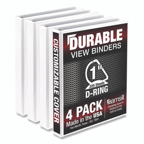 Durable D-Ring View Binders, 3 Rings, 1" Capacity, 11.5" x 8.5", White, 4/Pack